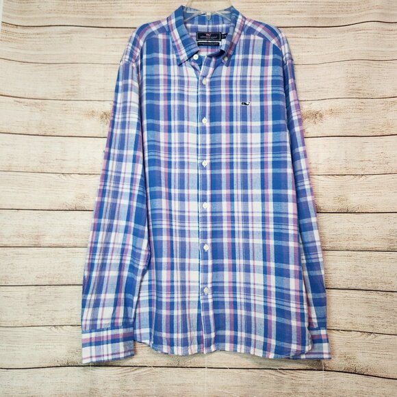 Vineyard Vines Mens M Blue White Plaid Classic Fit Whale Shirt Button Down Linen - Picture 1 of 15